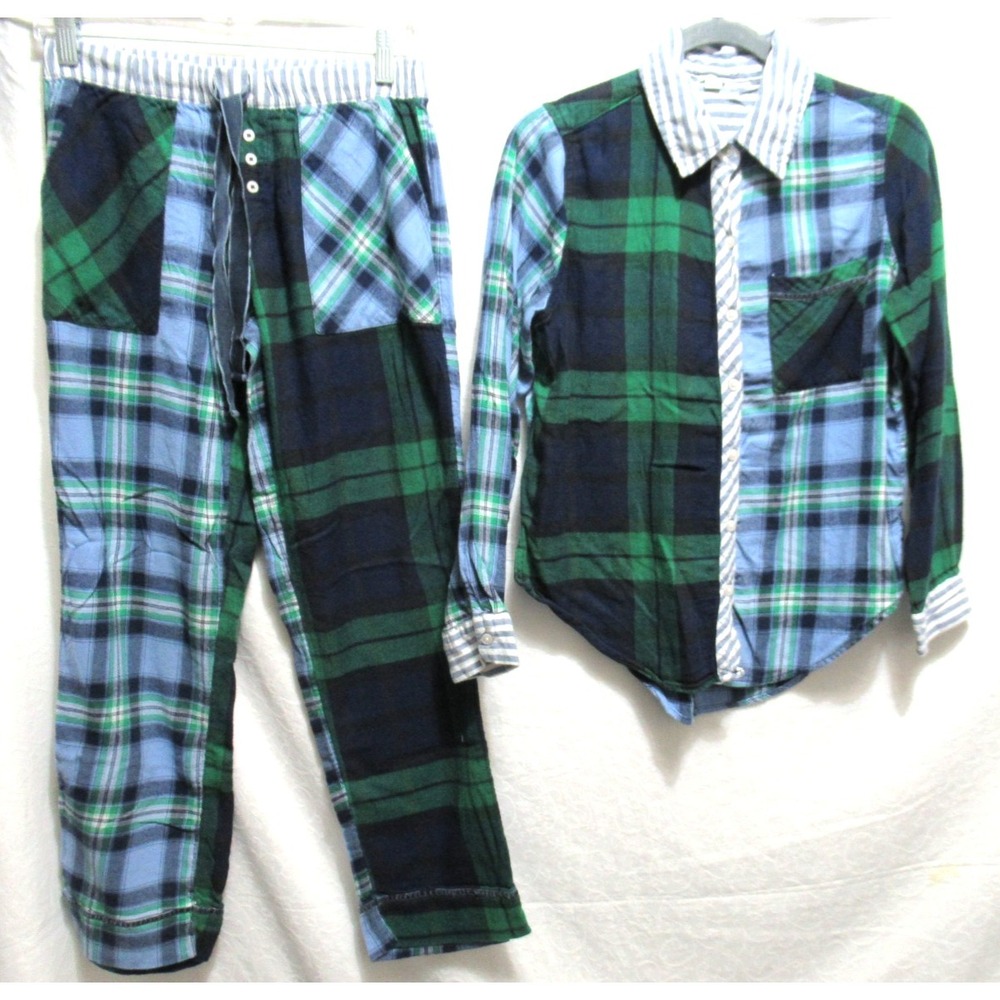 Aerie Size XXS/XS Blue & Green Plaid Long Soft Cotton Pajama Lounge Set